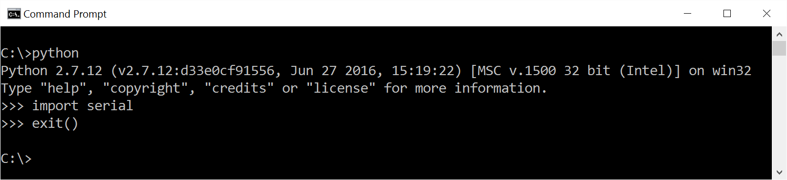 Screenshot of Windows 10 Python pyserial test