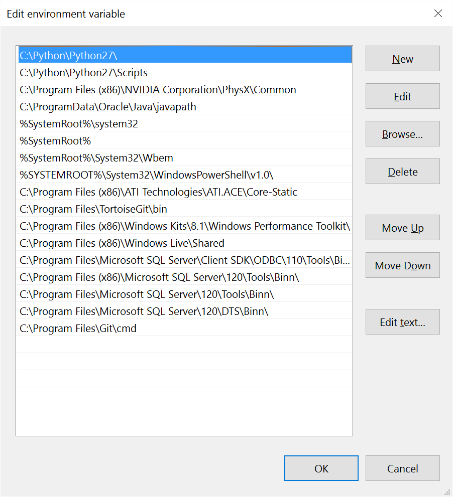 Screenshot of Windows 10 environment variables for Python27